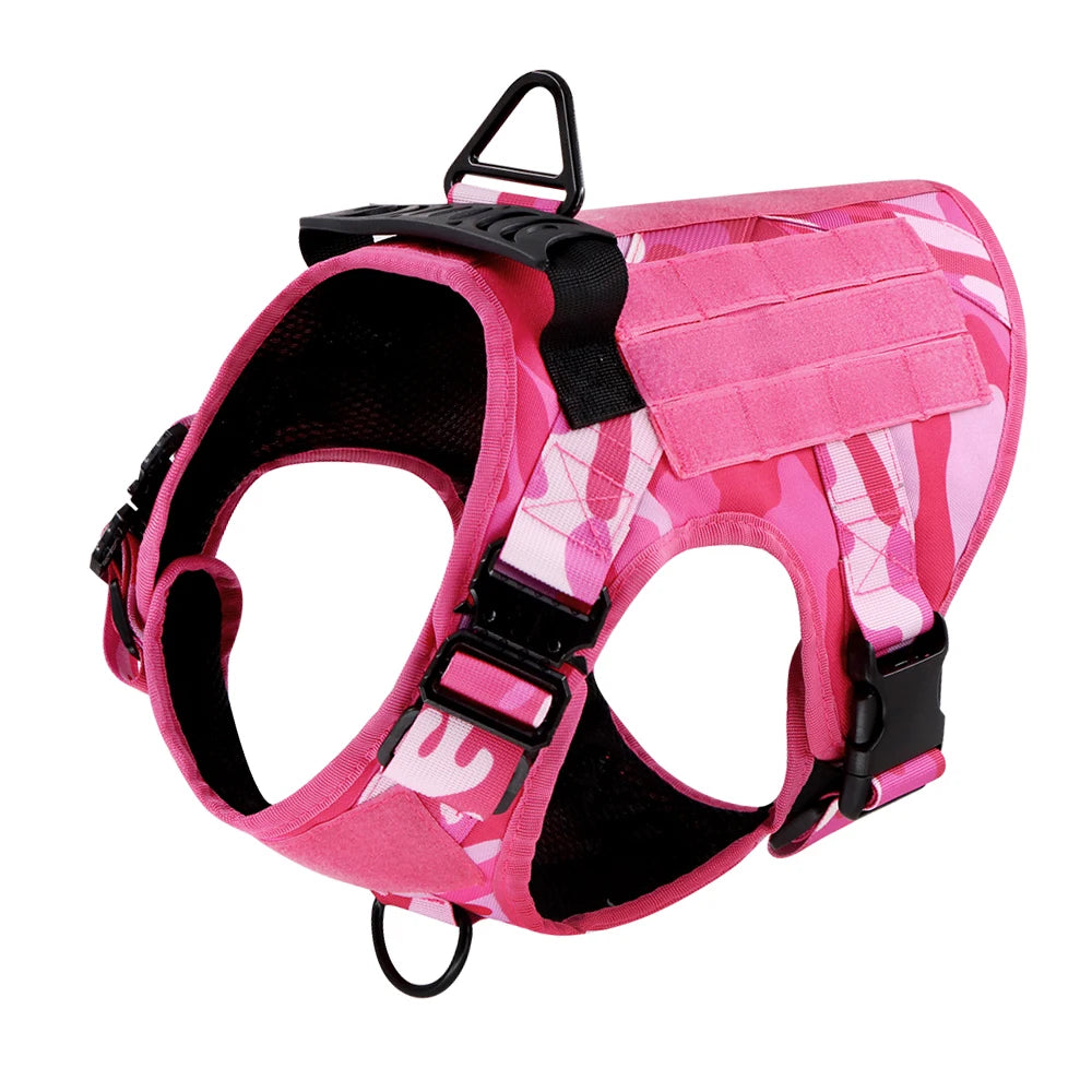 Pink Camouflage Tactical Dog Harness – Adjustable Military Training Vest with Leash