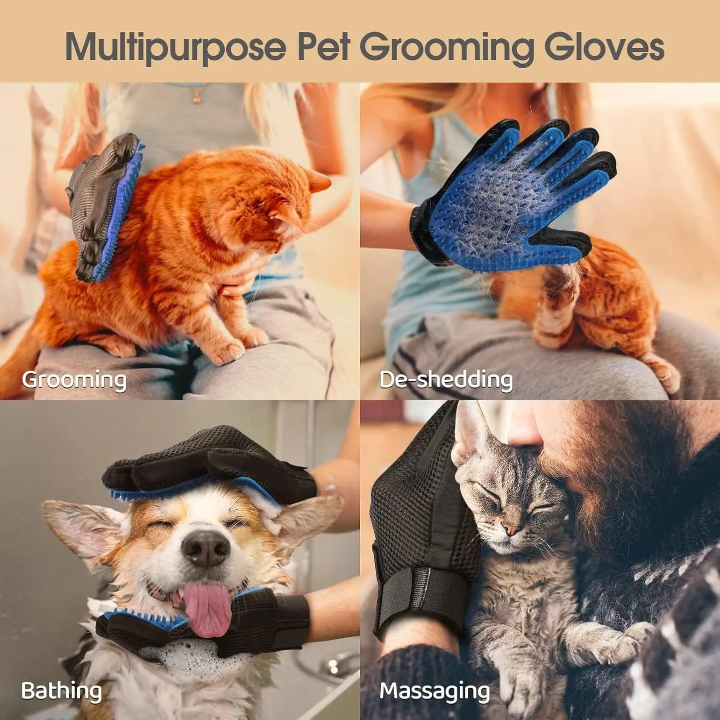 Pet Hair Remover Gloves – Shedding Brush for Dogs, Cats & Horses (1 Pair, Blue)
