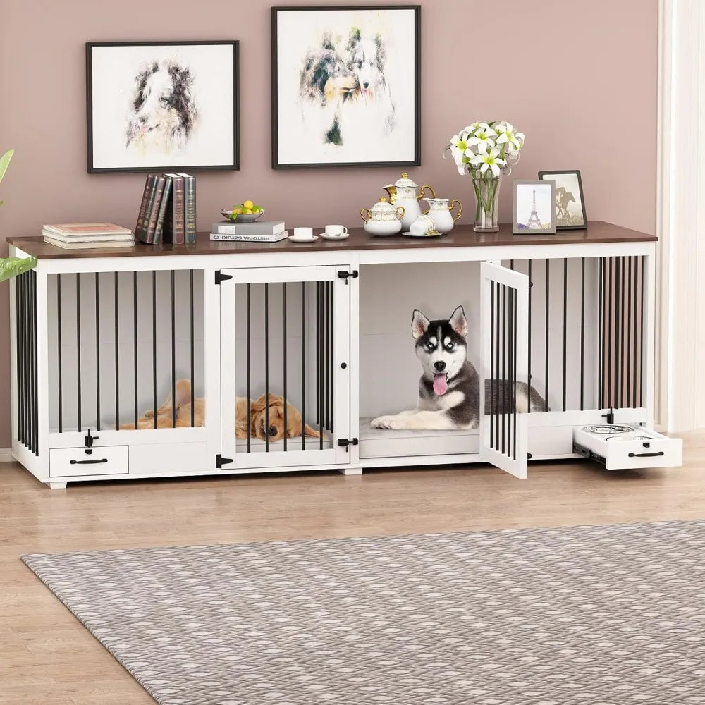 Furniture-Style Wooden Dog Crate – Large Double Kennel with Bowls & Divider