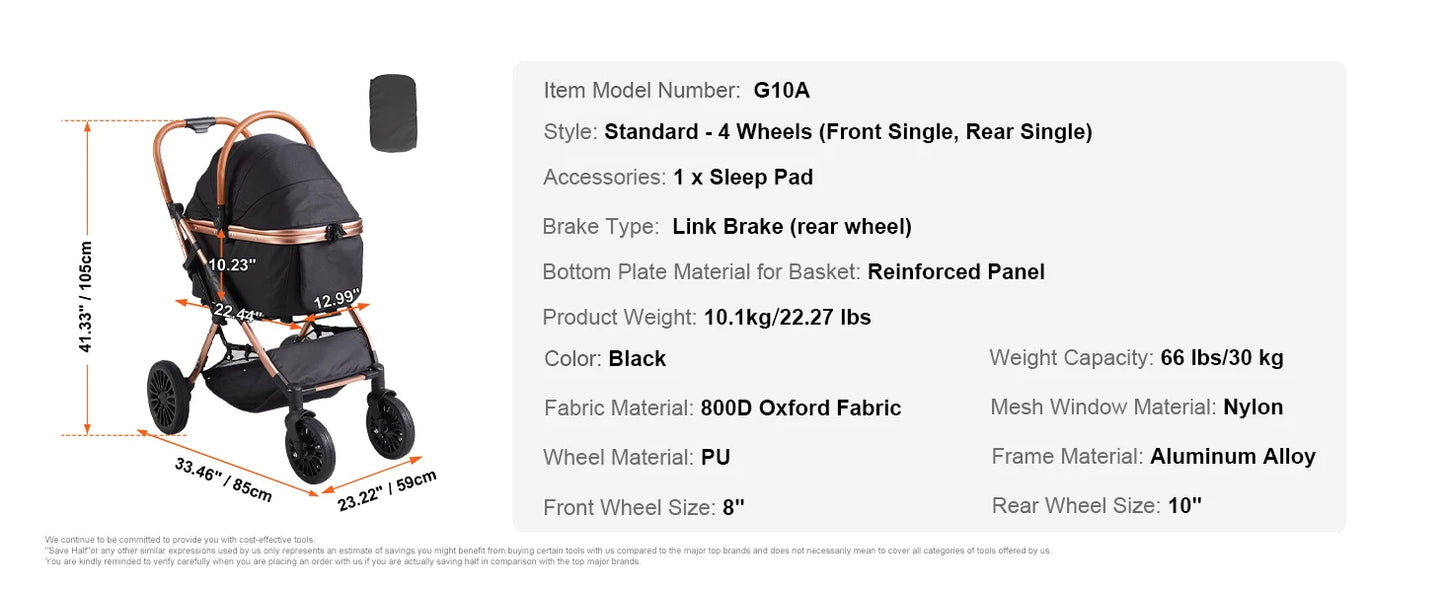 Foldable Pet Stroller with Detachable Carrier for Dogs