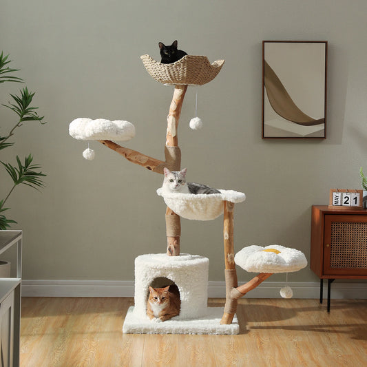 Modern Solid Wood Cat Tree – Spacious Tower with Condo, Perches & Interactive Toys
