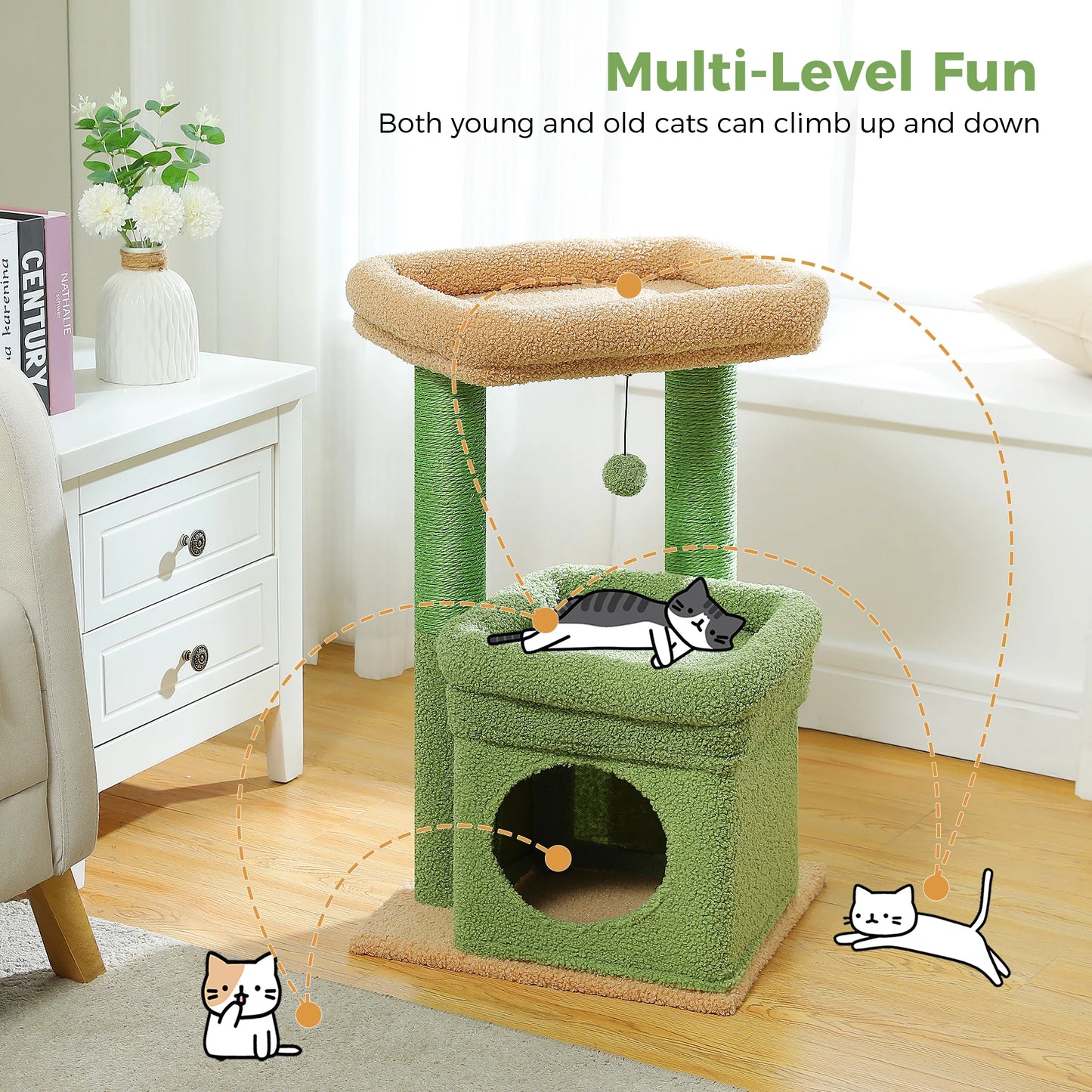 Cat Tree Tower – Cozy Condo, Wide Perch & Sisal Posts with Plush & Pom-Pom Toy
