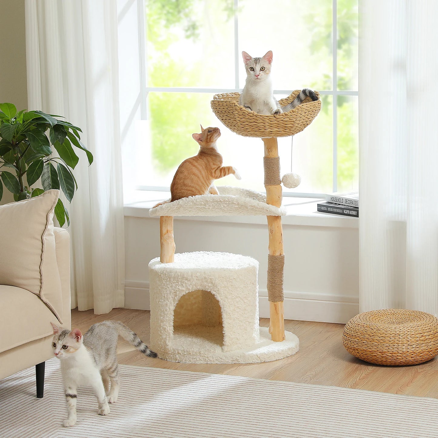 Modern Wooden Cat Tree Tower with Wicker Basket & Scratching Posts
