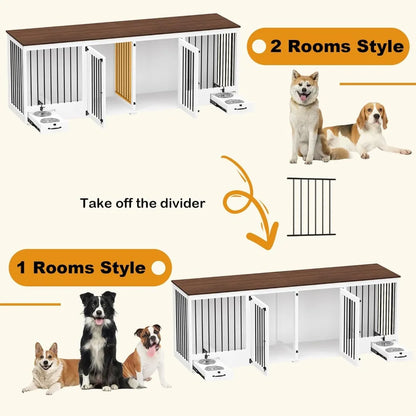 Furniture-Style Wooden Dog Crate – Large Double Kennel with Bowls & Divider