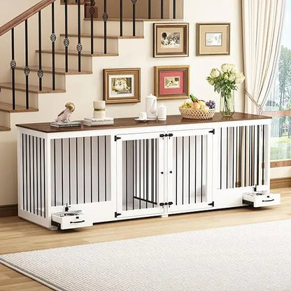 Furniture-Style Wooden Dog Crate – Large Double Kennel with Bowls & Divider