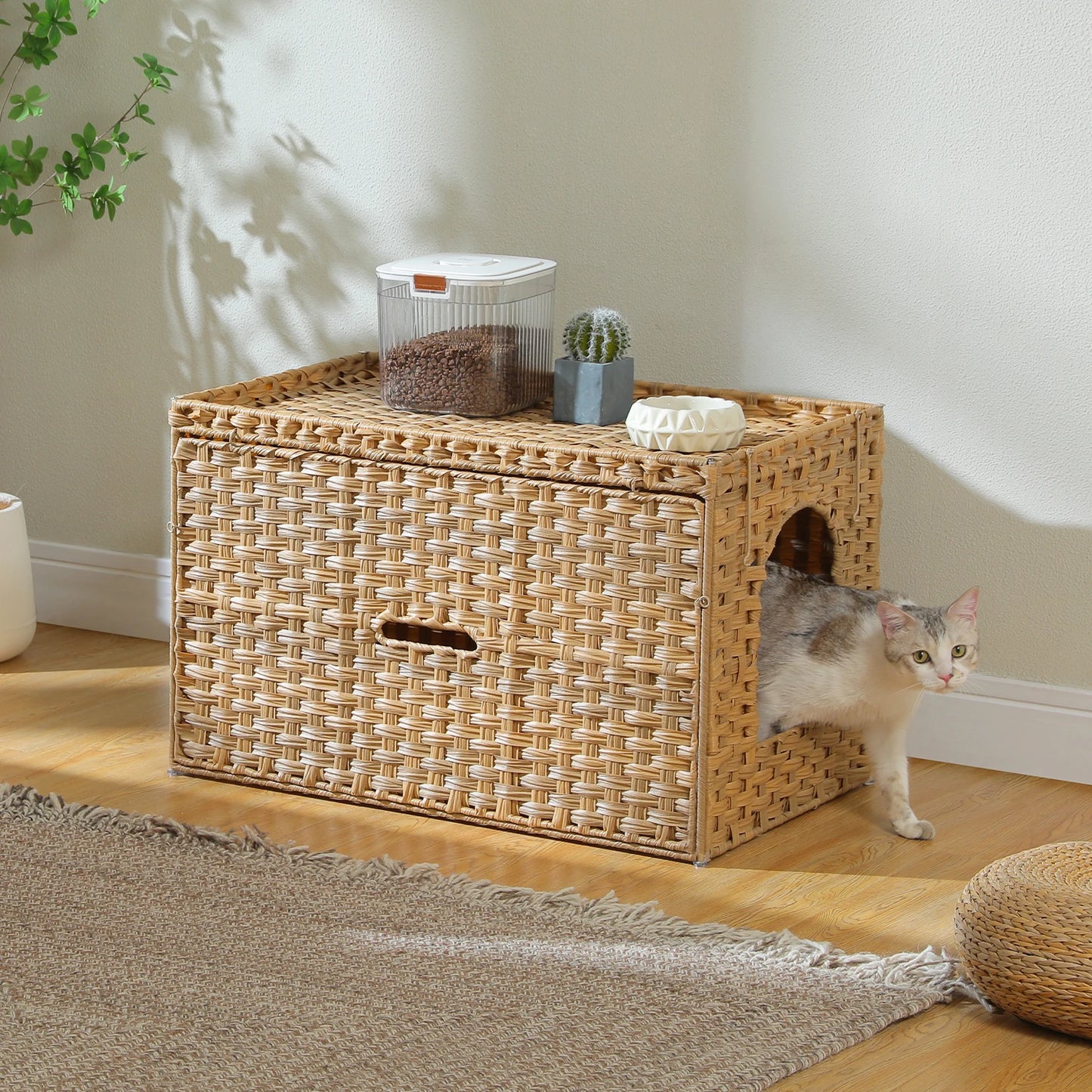 Rattan Cat Litter Box Enclosure – Hidden Cabinet Furniture with Flip-Top & Raised Entry