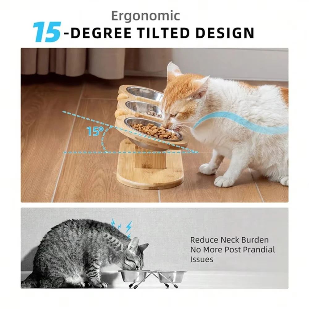 15° Tilted Cat Bowls – Adjustable Raised Feeder with 3 Stainless Steel Bowls for Cats & Small Dogs