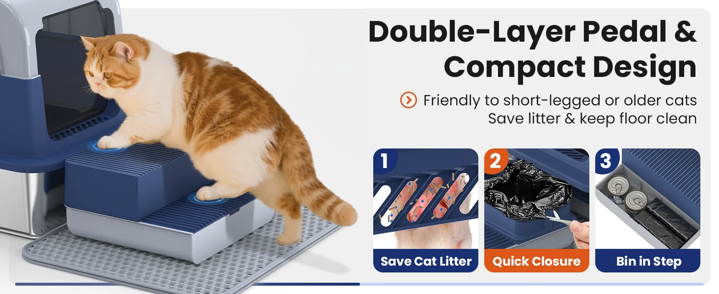Stainless Steel Cat Litter Box – Non-Stick, Odor Control with Lid & Scoop