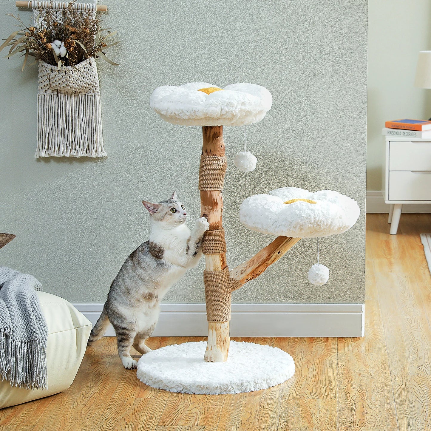 Modern Wooden Cat Tree Tower with Wicker Basket & Scratching Posts