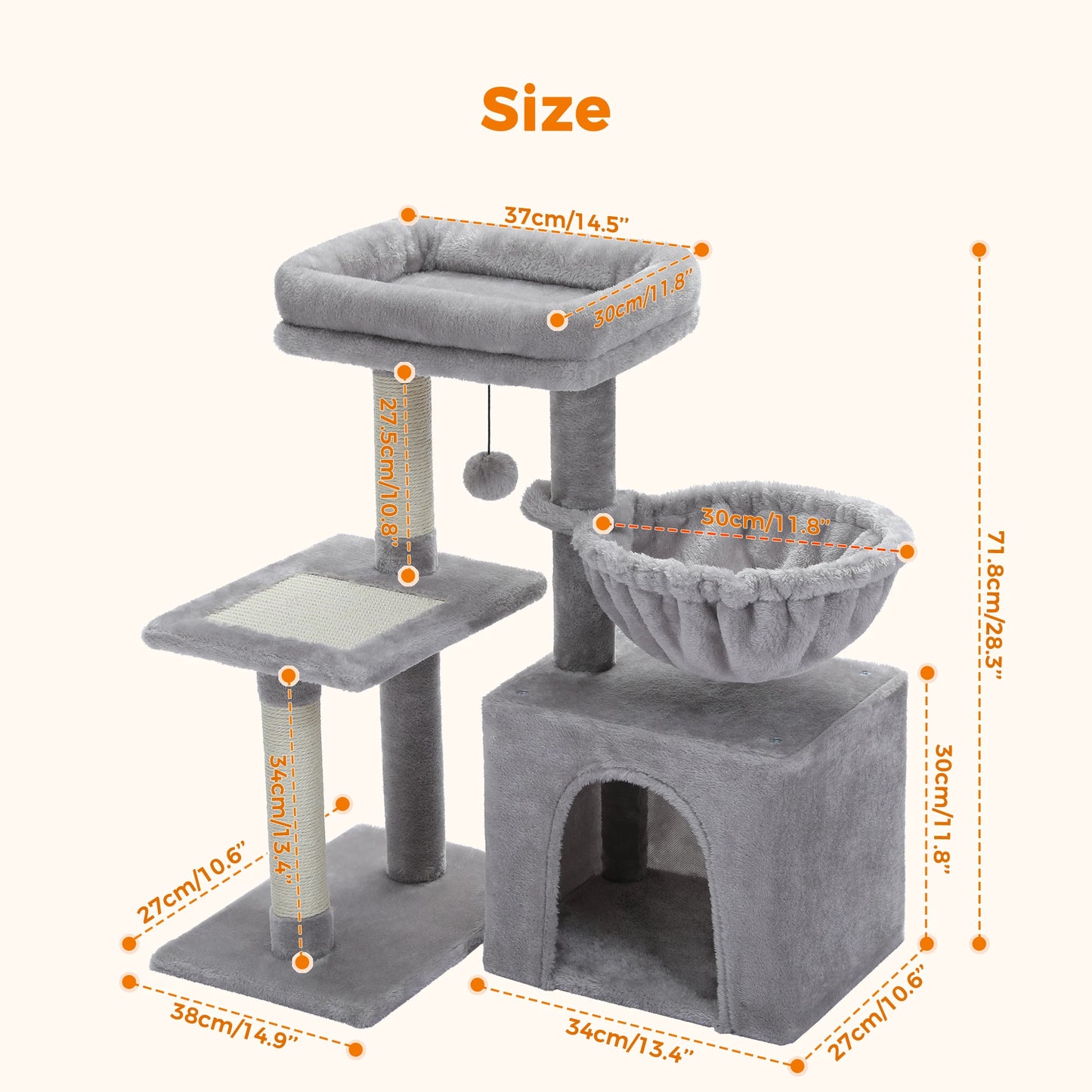 Cat Tree Tower – Cozy Condo, Wide Perch & Sisal Scratching Posts with Plush & Toy