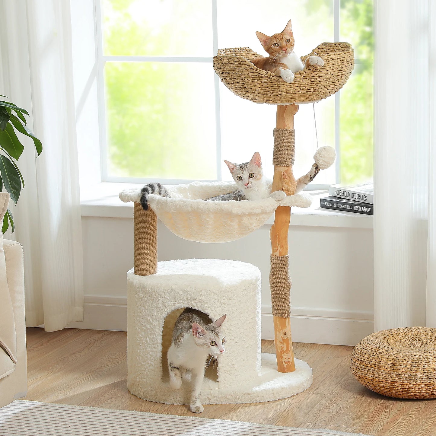 Modern Wooden Cat Tree Tower with Wicker Basket & Scratching Posts