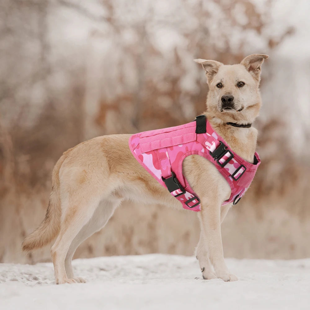 “Pink Camo Tactical Dog Harness – Adjustable Vest for Medium & Large Dogs”