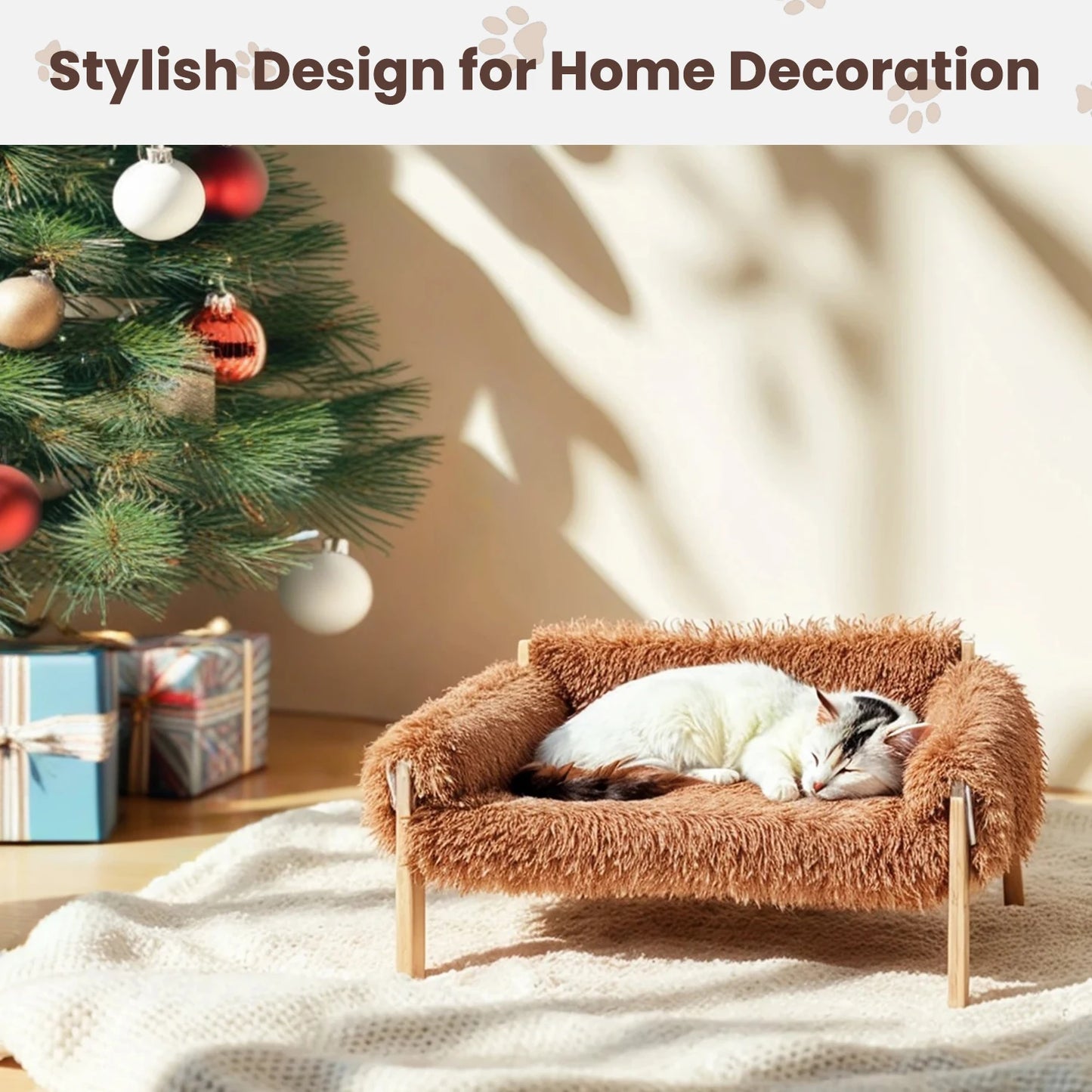 Luxury Raised Cat Sofa Bed with Plush Cushion & Wooden Legs