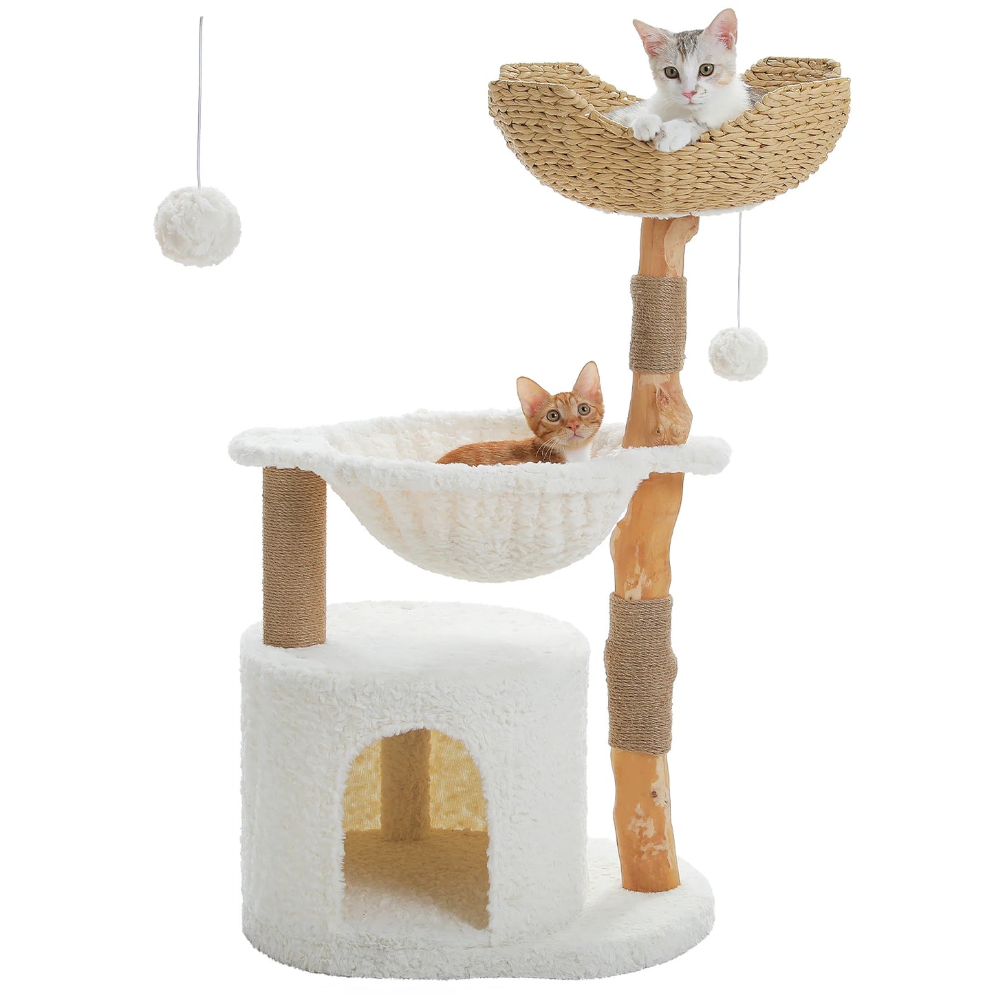 Modern Wooden Cat Tree Tower with Wicker Basket & Scratching Posts