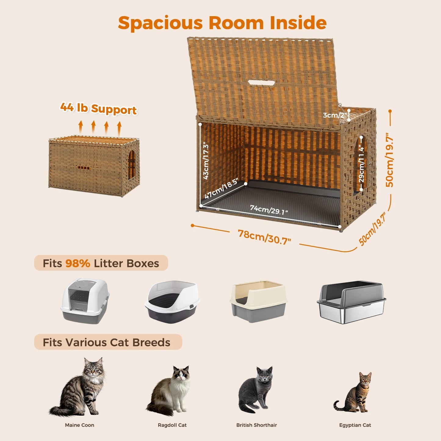 Rattan Cat Litter Box Enclosure – Hidden Cabinet Furniture with Flip-Top & Raised Entry