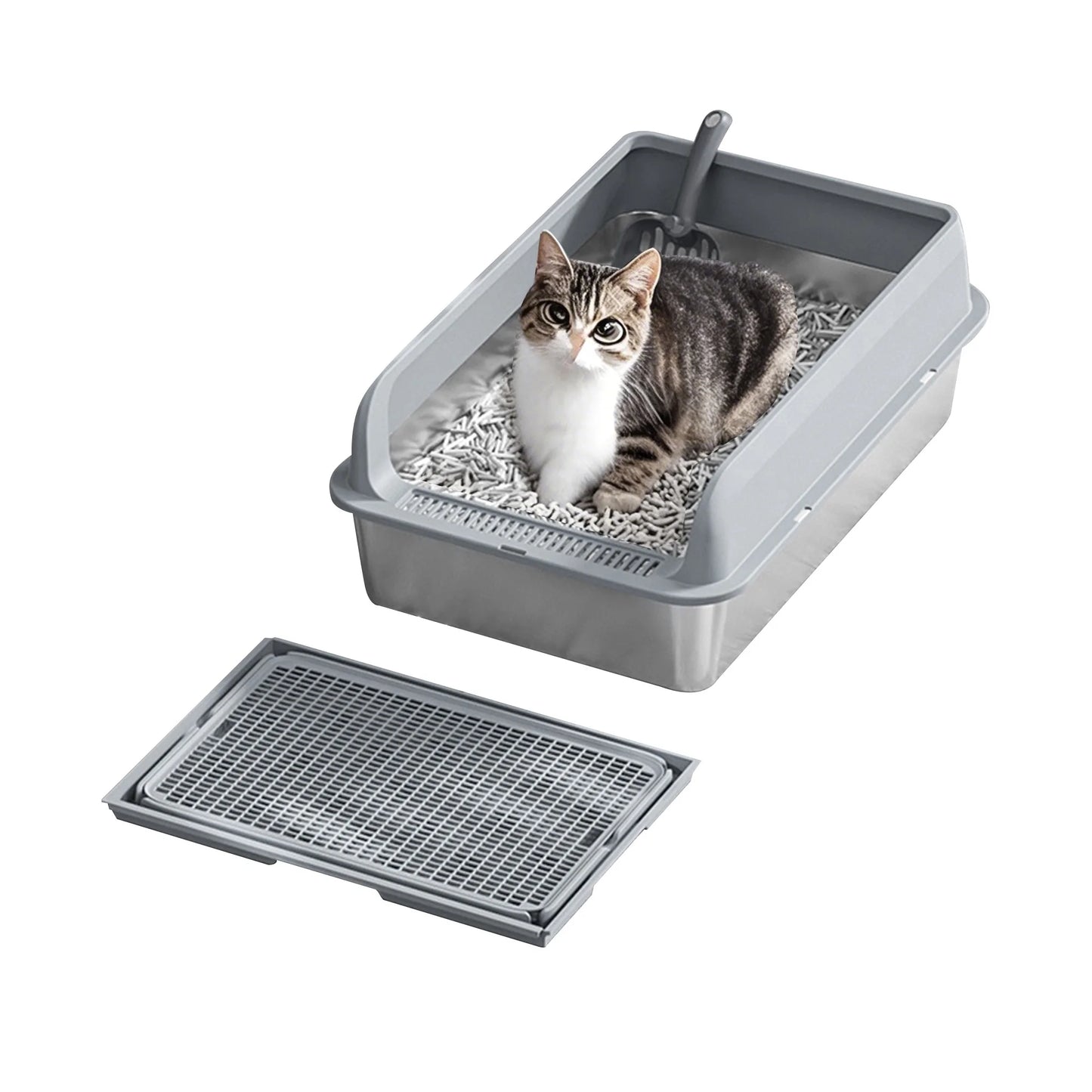 Stainless Steel Cat Litter Box with Lid – High Sided, Leakproof