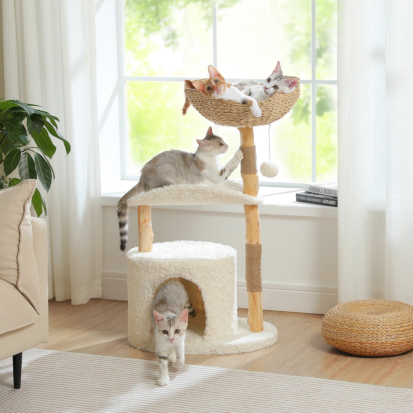 Modern Wooden Cat Tree Tower with Wicker Basket & Scratching Posts
