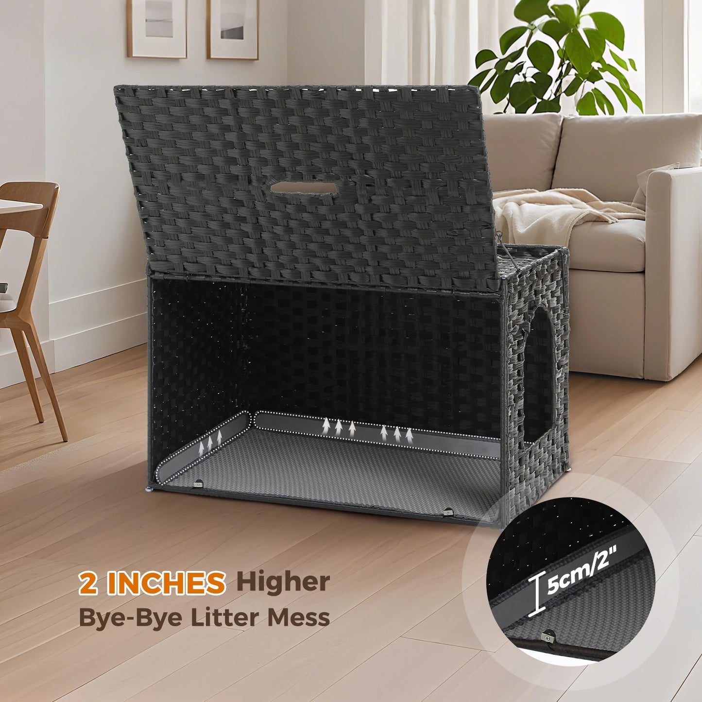 Rattan Cat Litter Box Enclosure – Hidden Cabinet Furniture with Flip-Top & Raised Entry