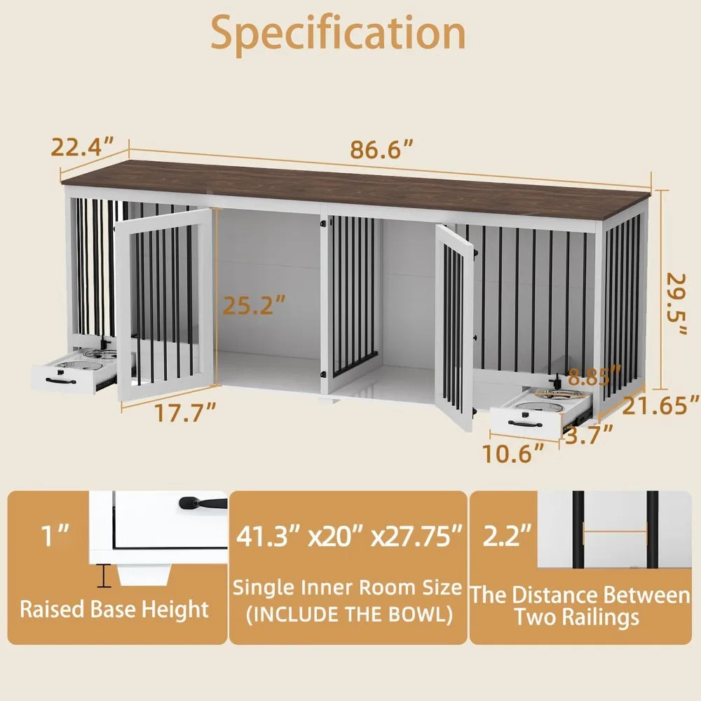 Furniture-Style Wooden Dog Crate – Large Double Kennel with Bowls & Divider