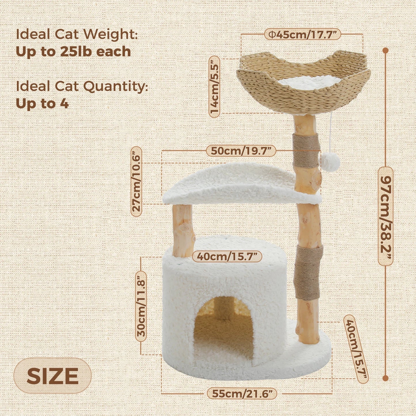 Modern Wooden Cat Tree Tower with Wicker Basket & Scratching Posts