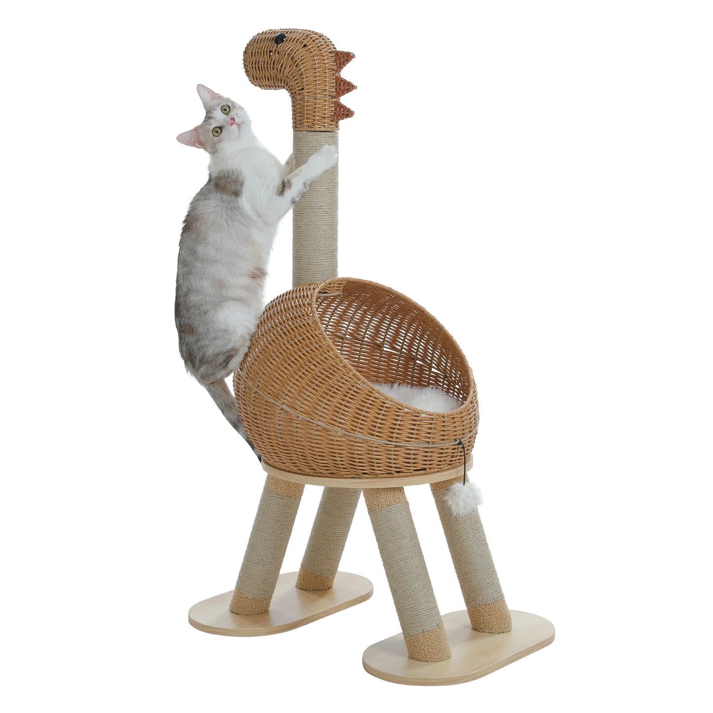 Dinosaur Cat Tree Tower with Rattan Condo & Sisal Scratching Posts