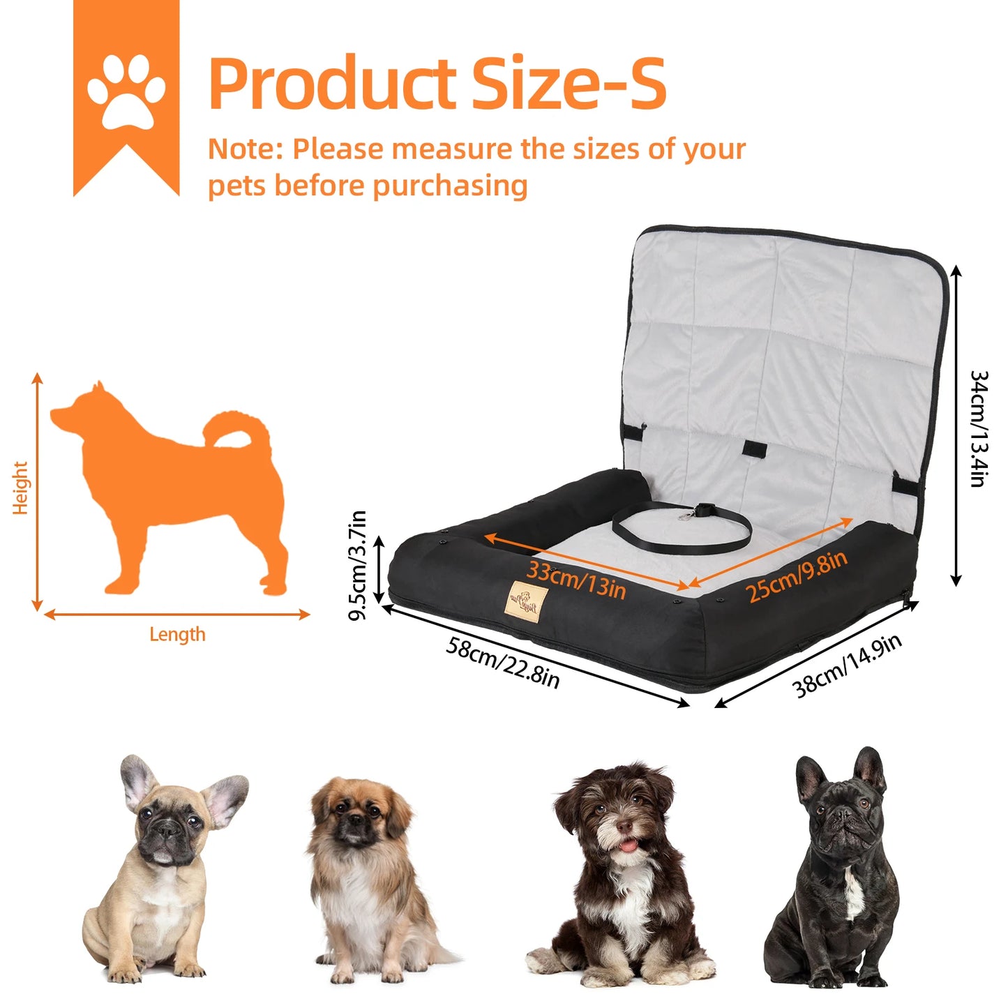 Waterproof Dog Car Seat Bed with Safety Belt & Washable Cushion