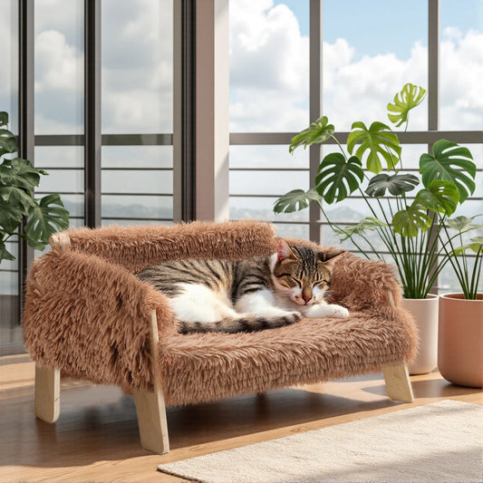 Luxury Raised Cat Sofa Bed with Plush Cushion & Wooden Legs