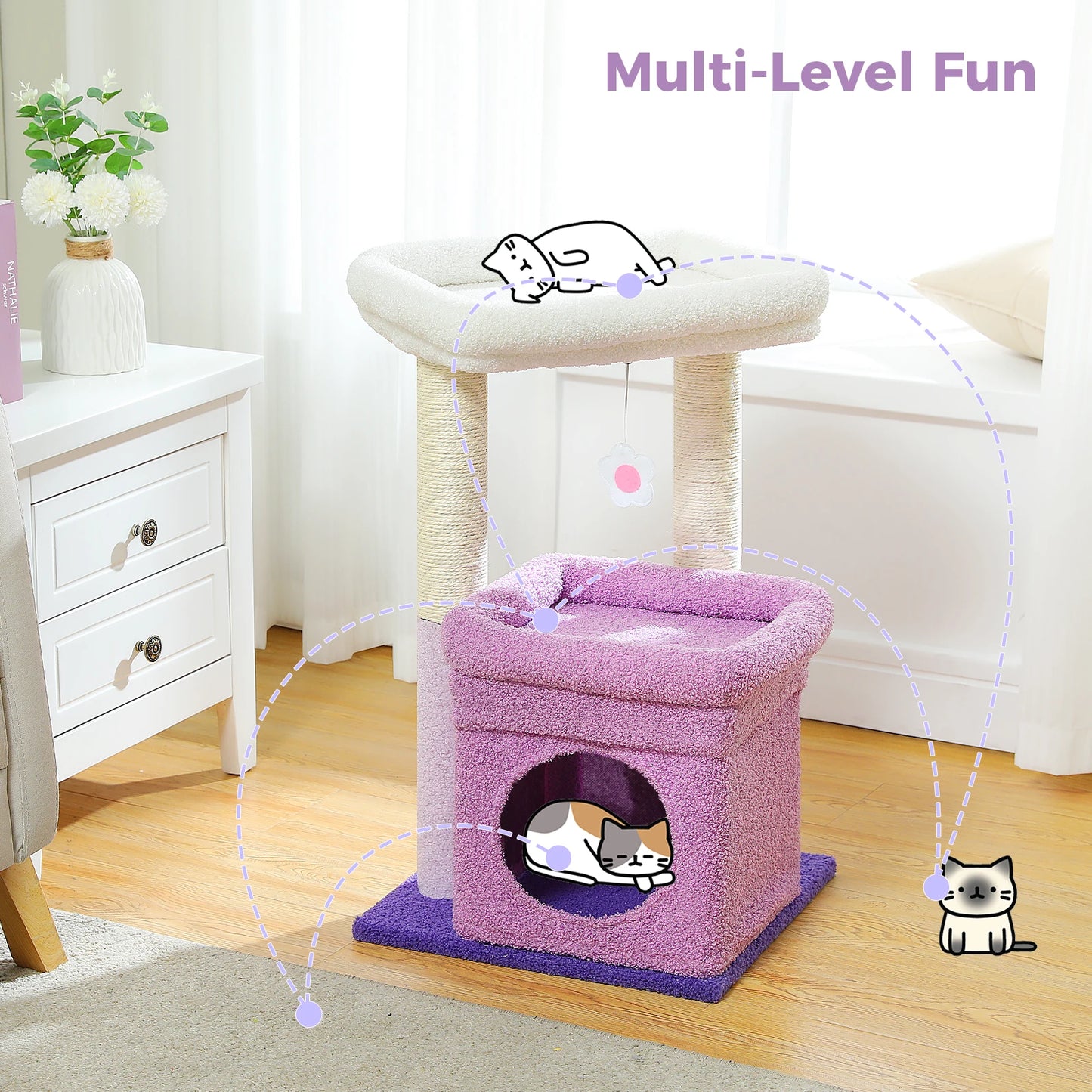 Cat Tree Tower – Cozy Condo, Wide Perch & Sisal Posts with Plush & Pom-Pom Toy