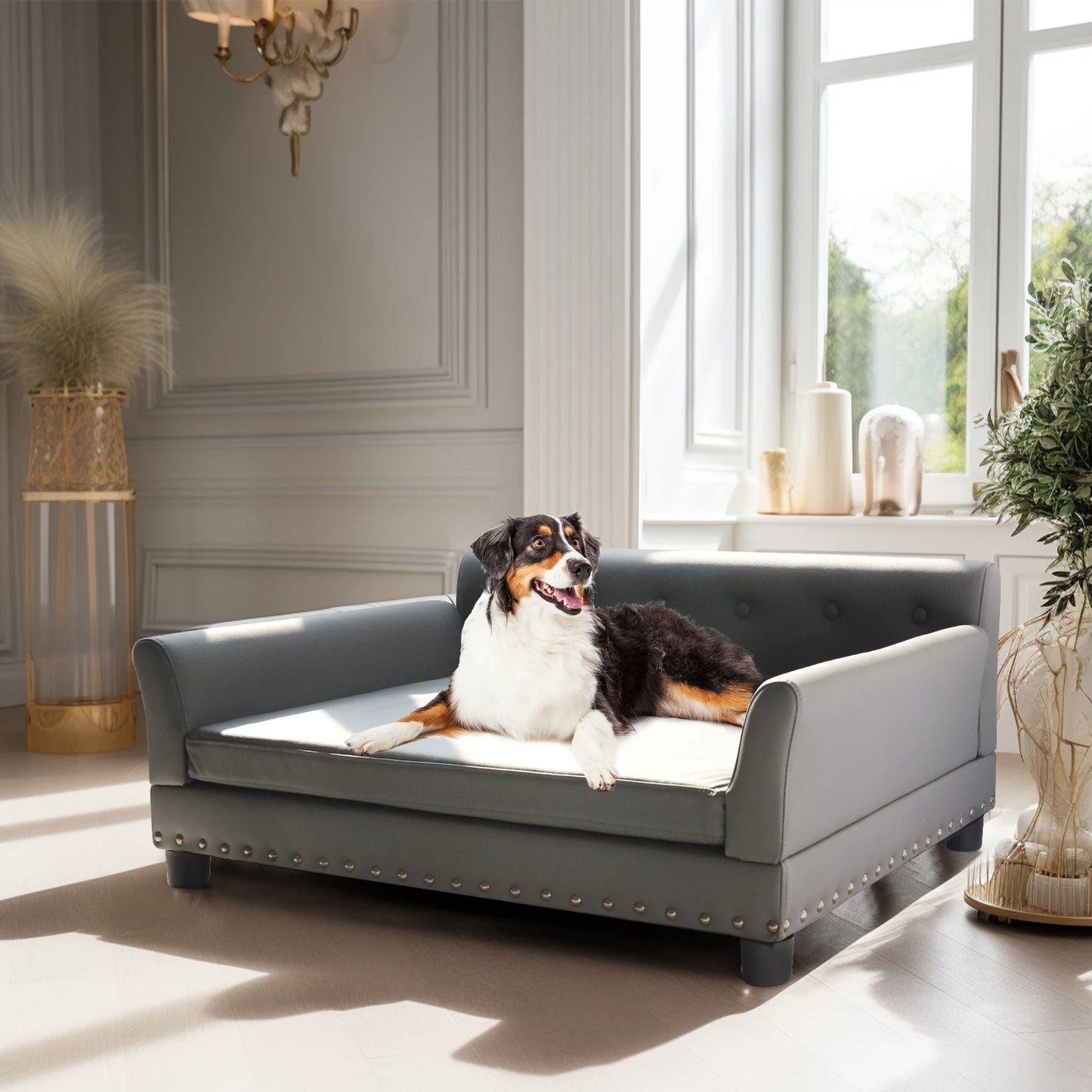 Elevated Dog Sofa Bed with Removable Cushion & Leather Cover