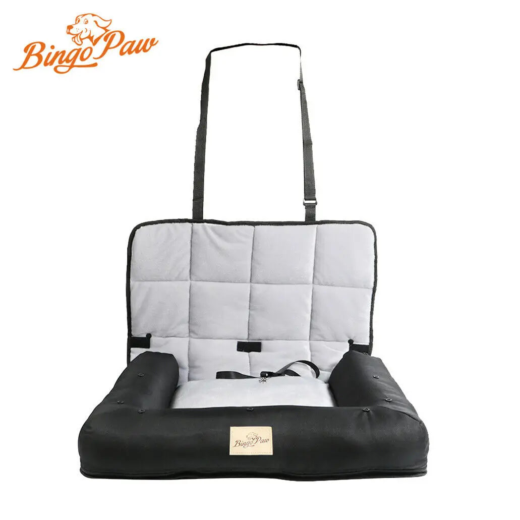 Waterproof Dog Car Seat Bed with Safety Belt & Washable Cushion