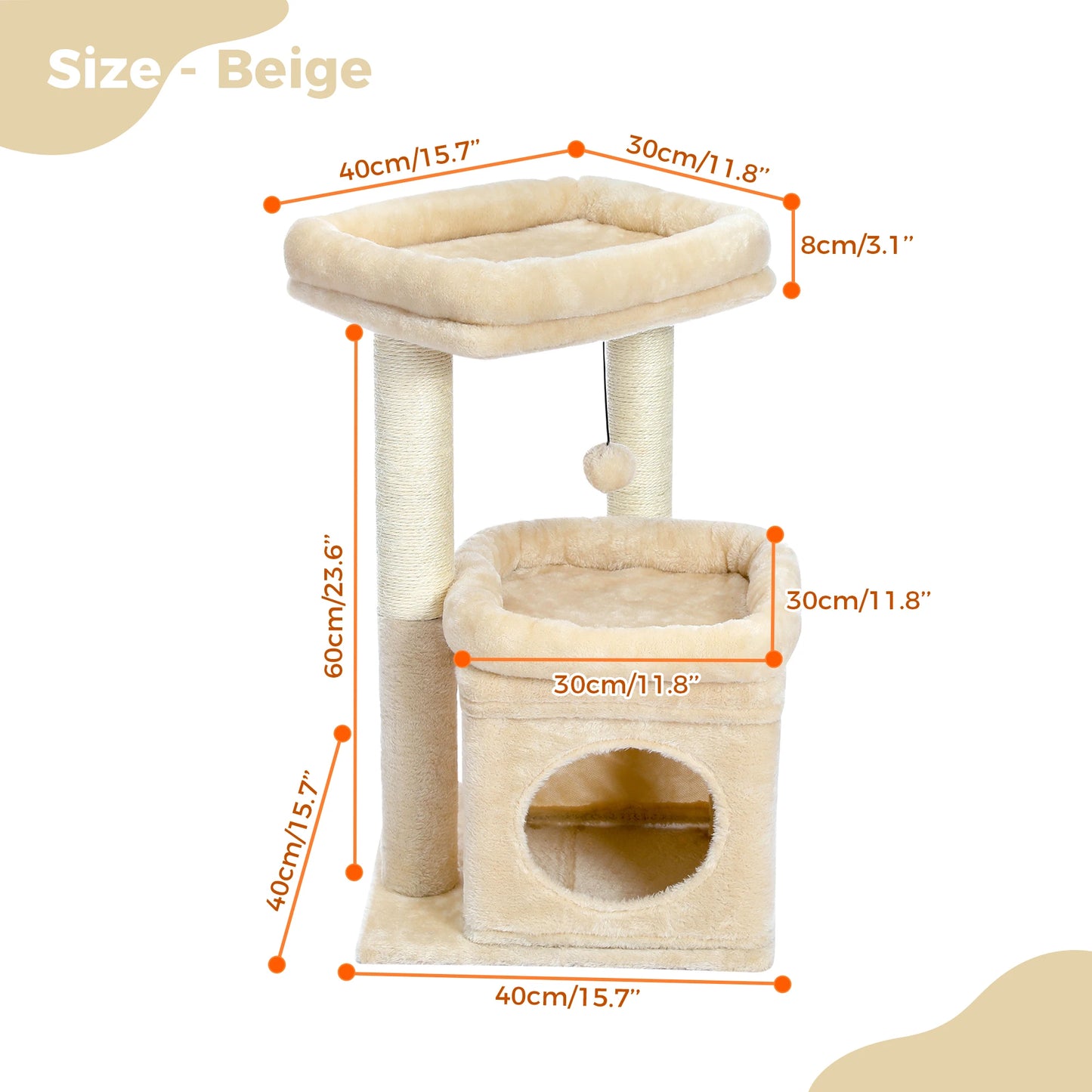Cat Tree Tower – Cozy Condo, Wide Perch & Sisal Posts with Plush & Pom-Pom Toy