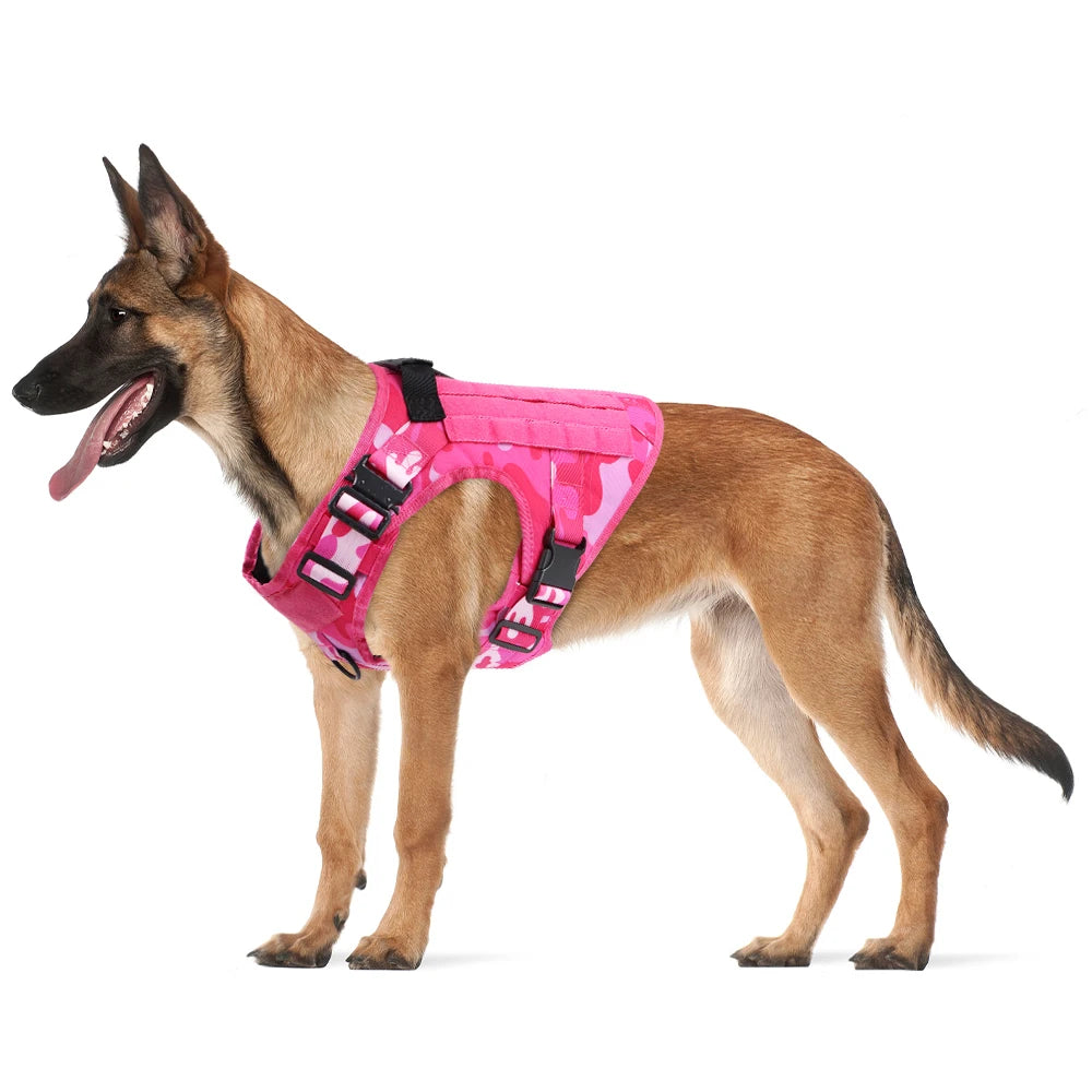 “Pink Camo Tactical Dog Harness – Adjustable Vest for Medium & Large Dogs”