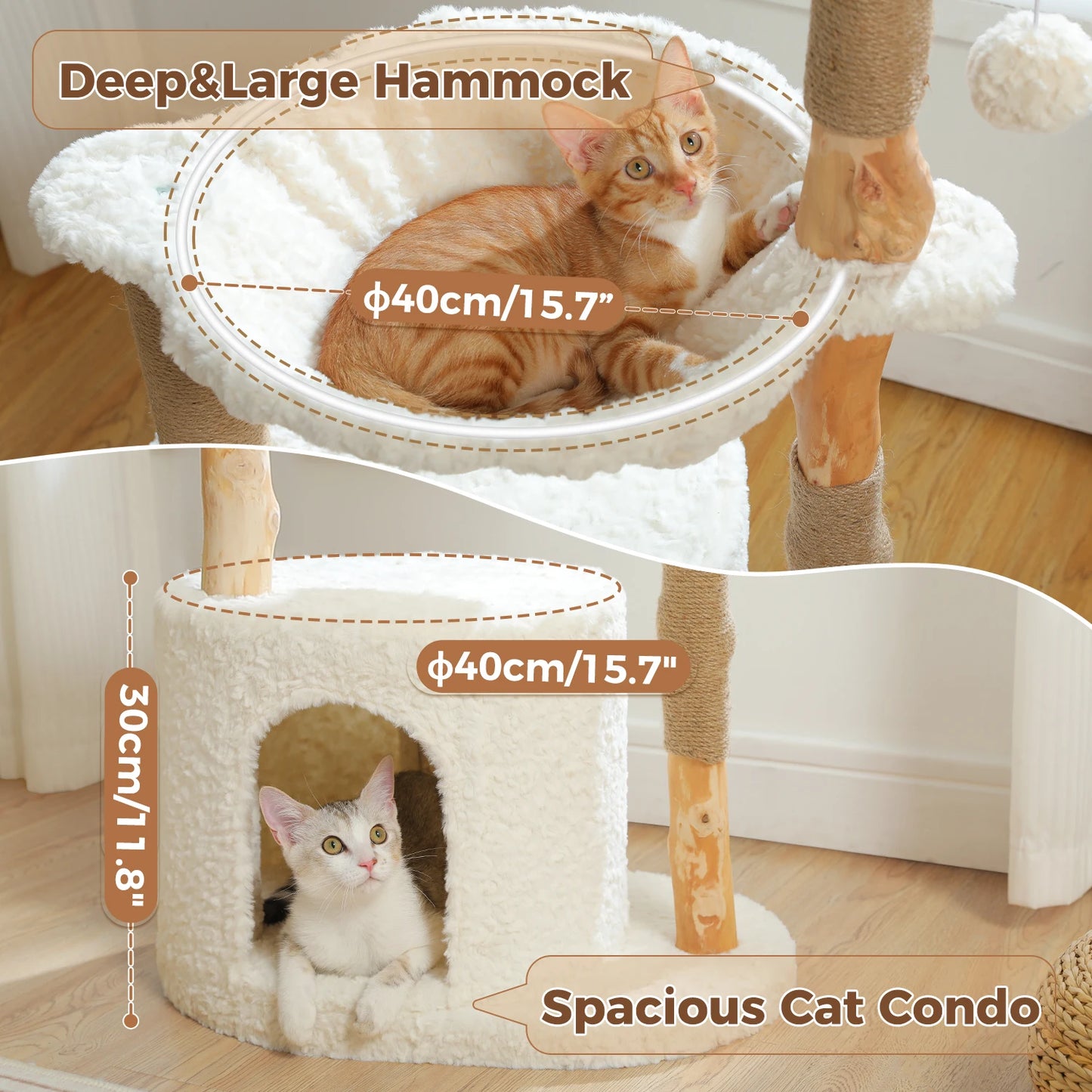 Modern Wooden Cat Tree Tower with Wicker Basket & Scratching Posts