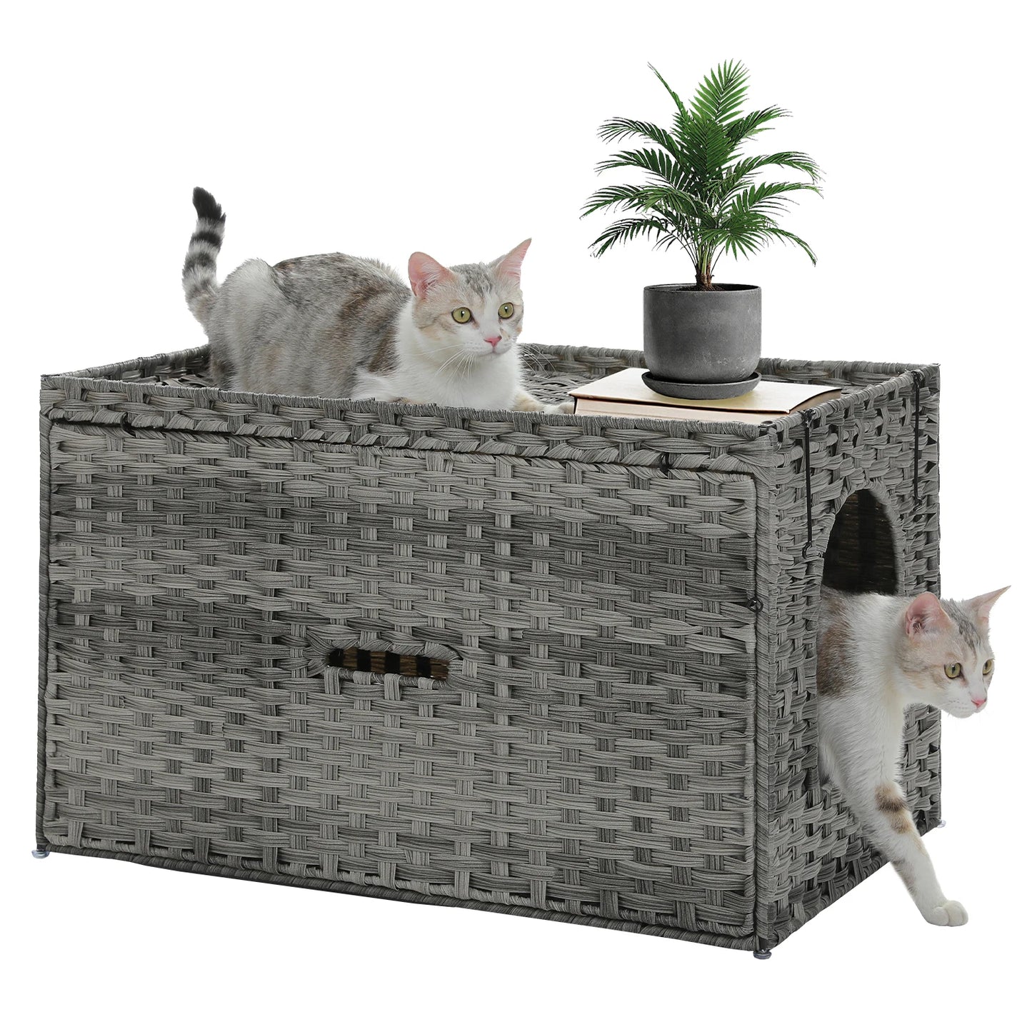 Rattan Cat Litter Box Enclosure – Hidden Cabinet Furniture with Flip-Top & Raised Entry