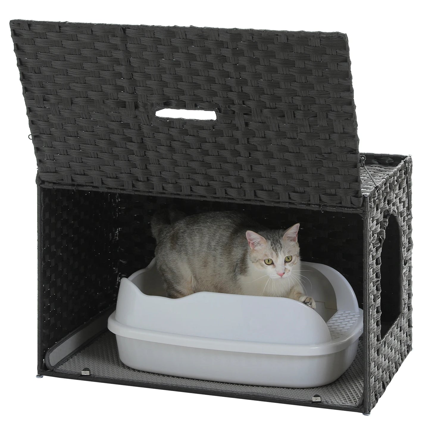 Rattan Cat Litter Box Enclosure – Hidden Cabinet Furniture with Flip-Top & Raised Entry