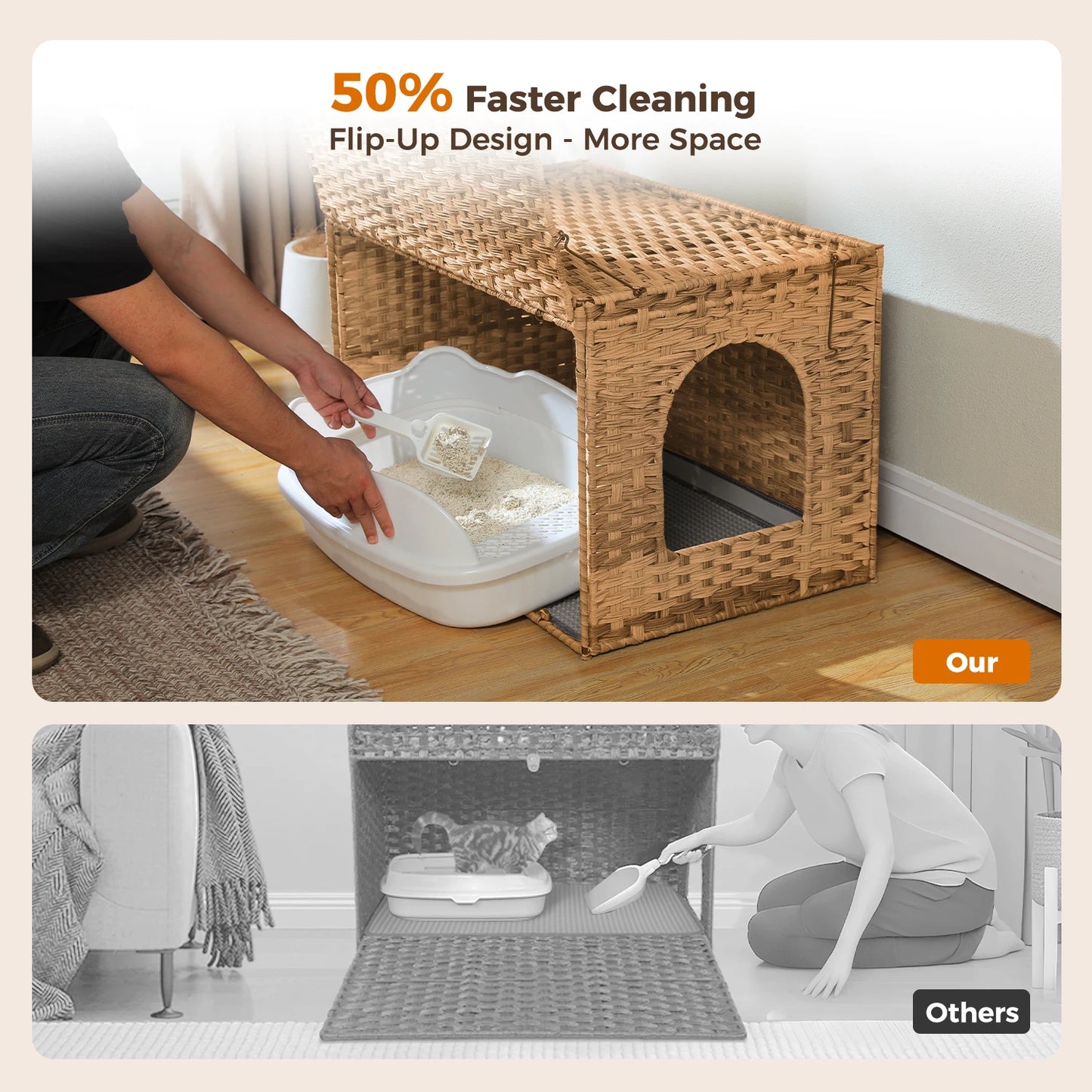 Rattan Cat Litter Box Enclosure – Hidden Cabinet Furniture with Flip-Top & Raised Entry