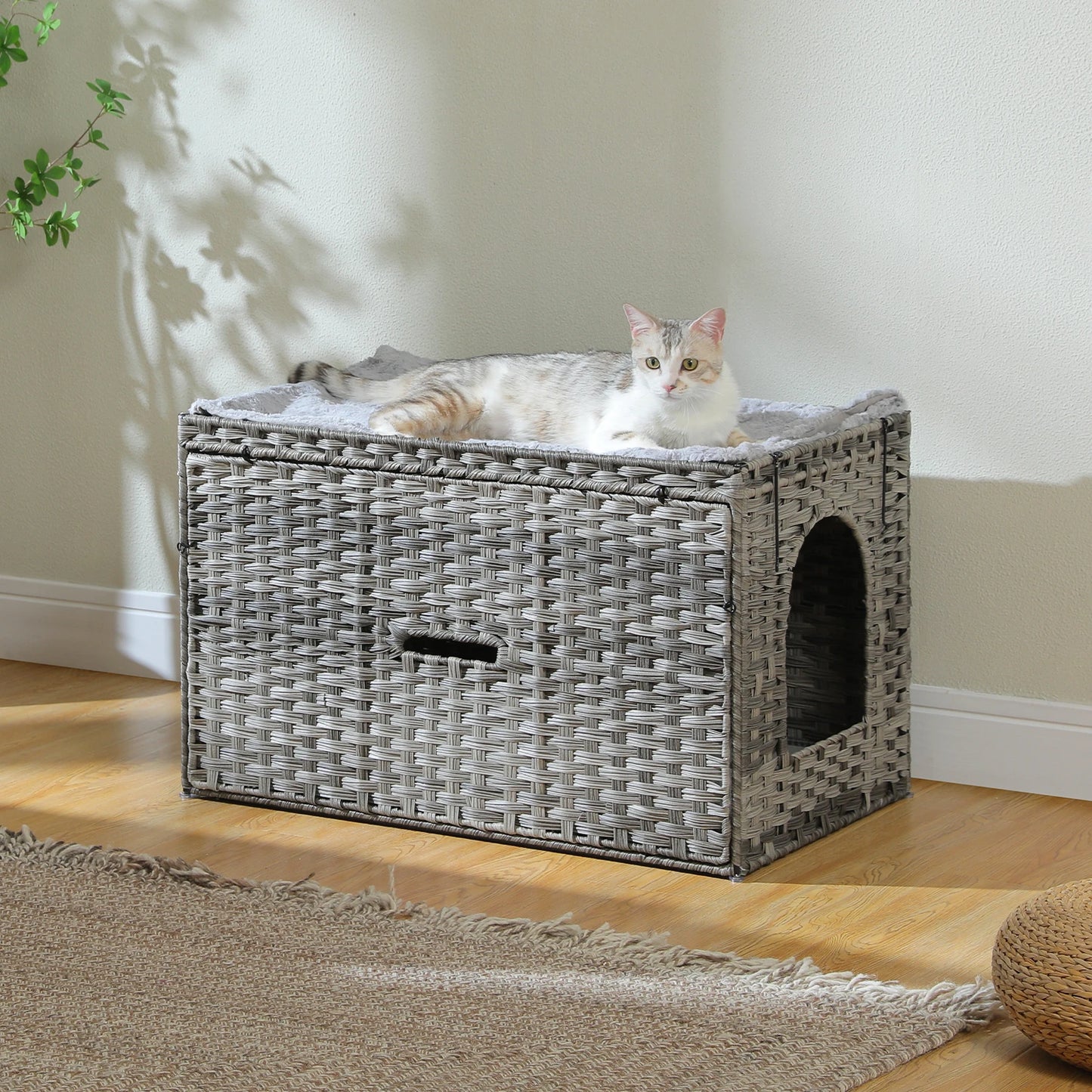 Rattan Cat Litter Box Enclosure – Hidden Cabinet Furniture with Flip-Top & Raised Entry