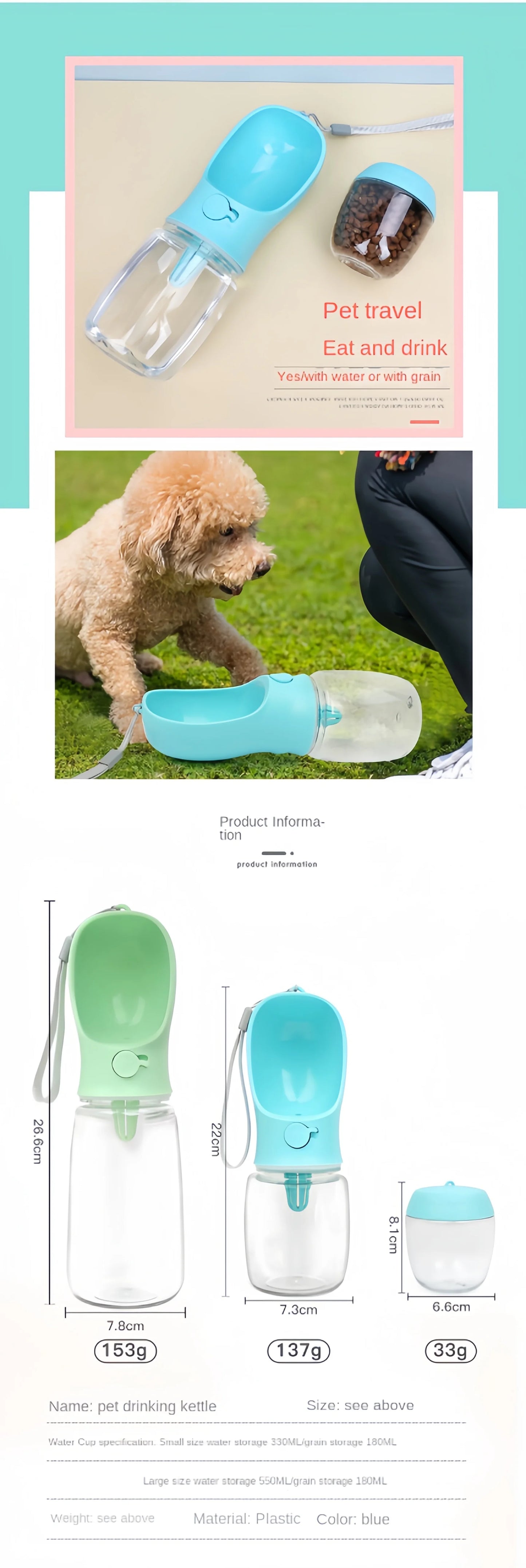 Portable Pet Water Bottle with Food Storage & Travel Bowl