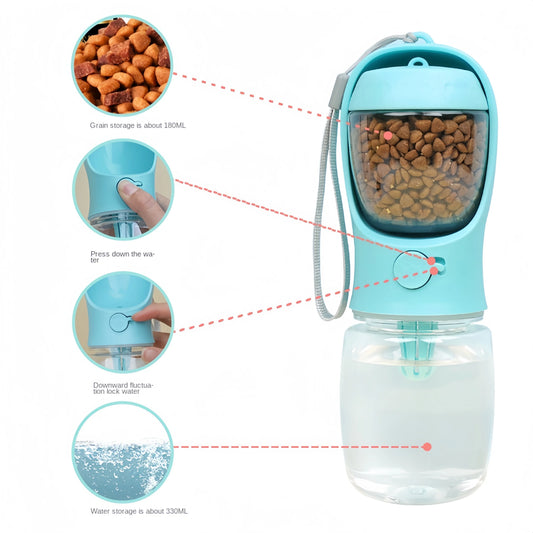 Portable Pet Water Bottle with Food Storage & Travel Bowl