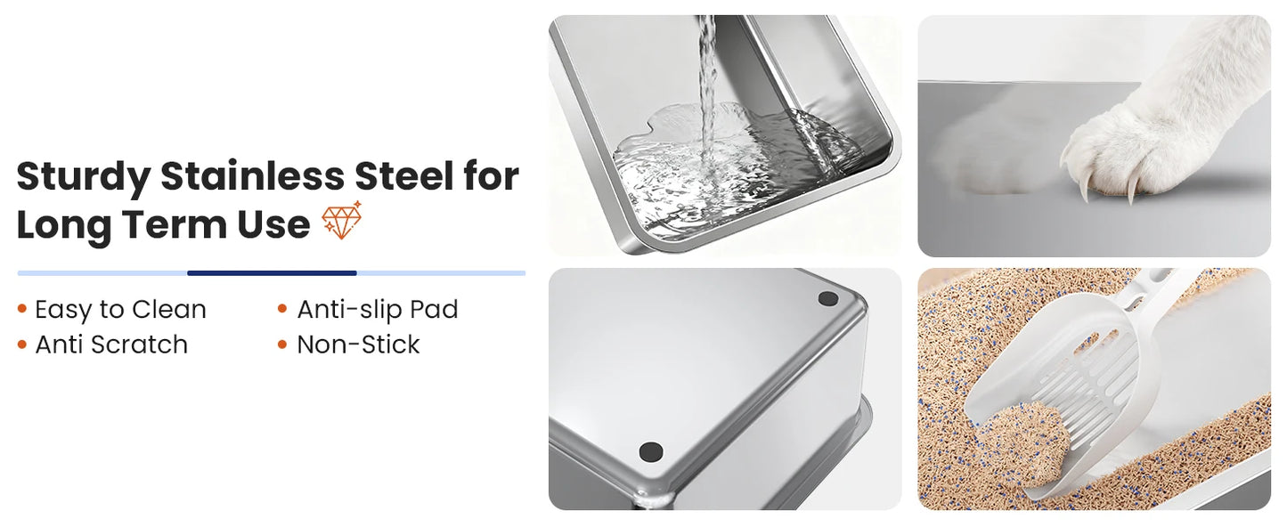 Stainless Steel Cat Litter Box – Non-Stick, Odor Control with Lid & Scoop