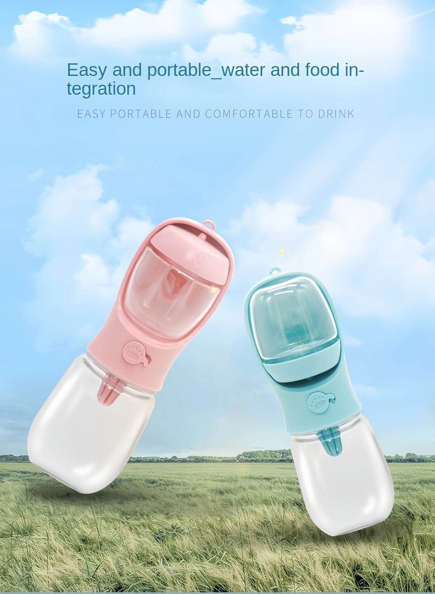 Portable Pet Water Bottle with Food Storage & Travel Bowl