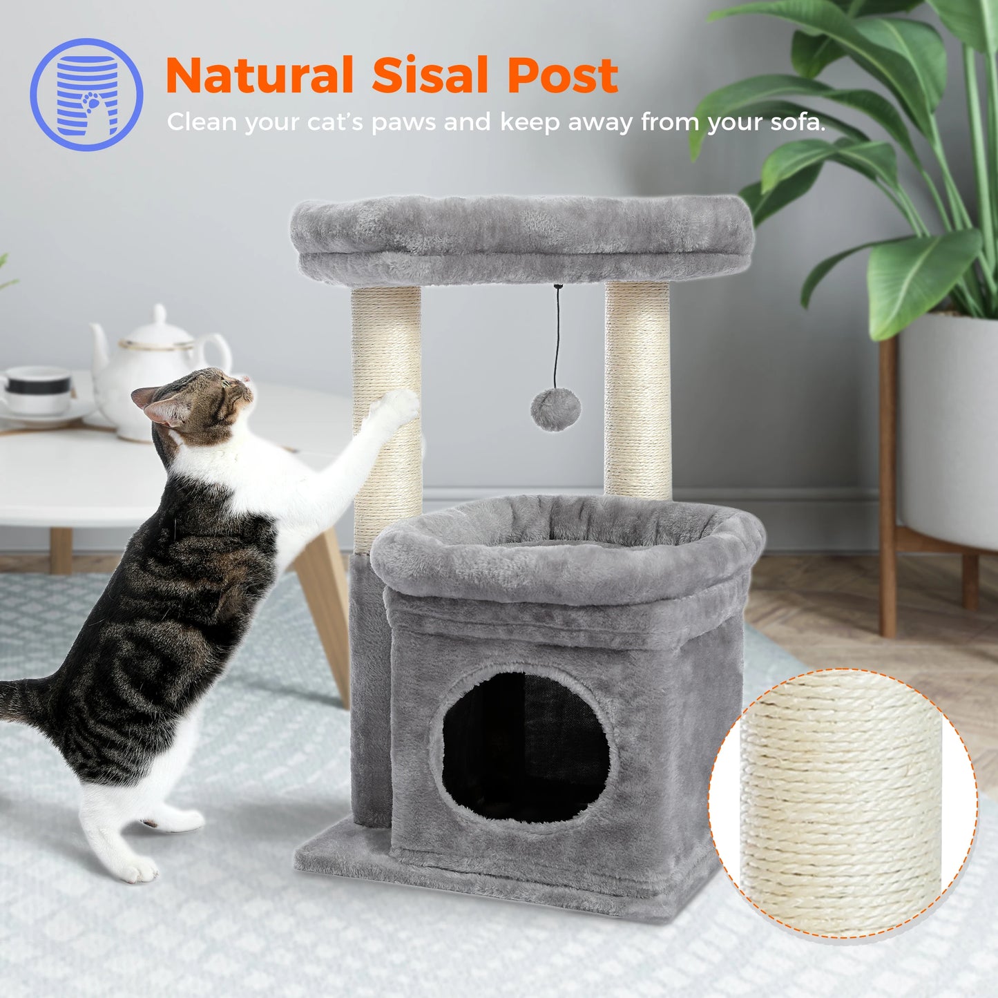 Cat Tree Tower – Cozy Condo, Wide Perch & Sisal Posts with Plush & Pom-Pom Toy