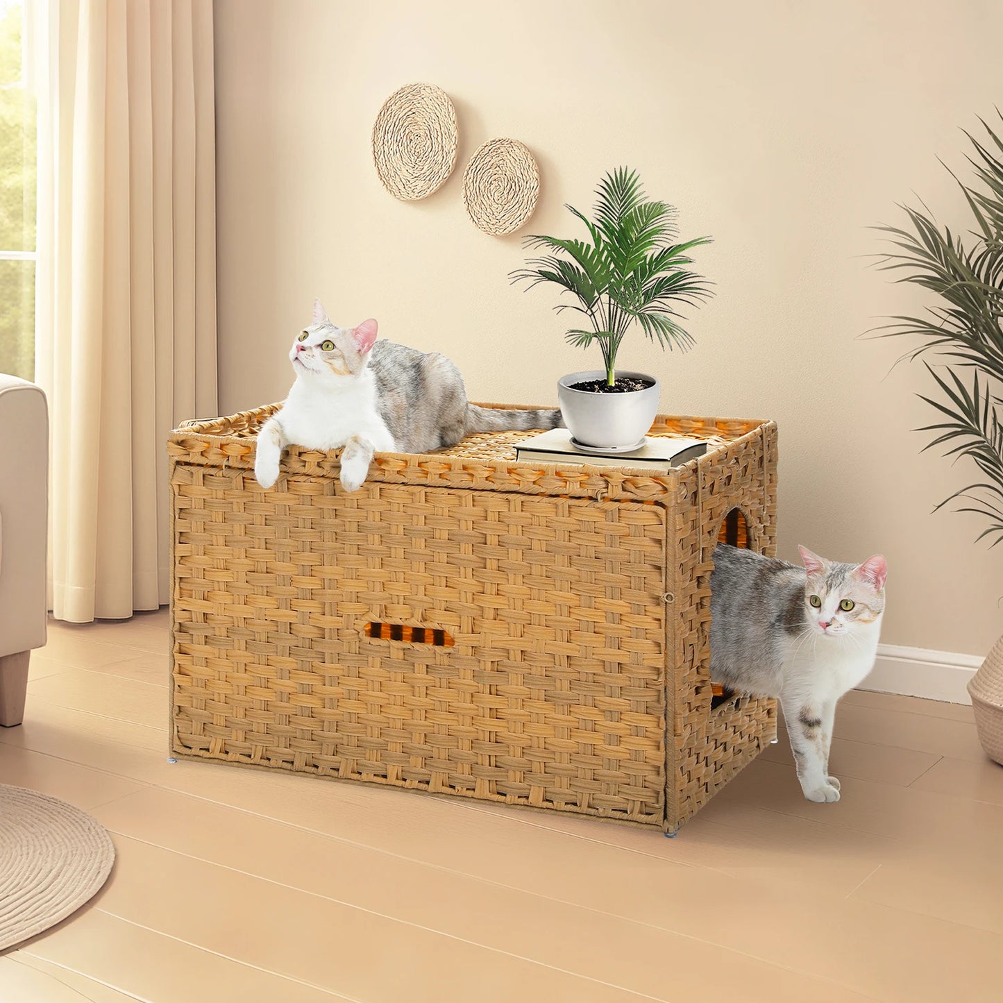 Rattan Cat Litter Box Enclosure – Hidden Cabinet Furniture with Flip-Top & Raised Entry