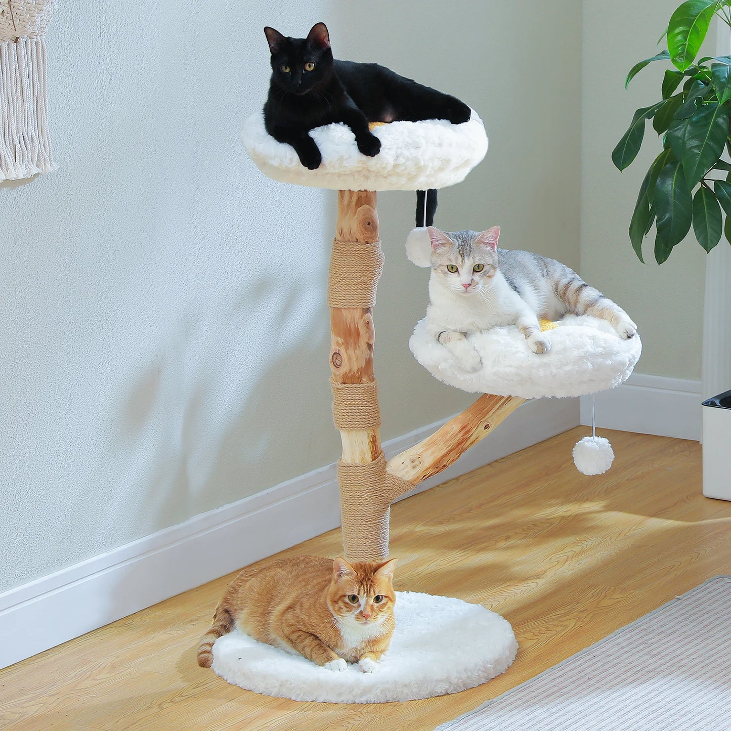 Modern Wooden Cat Tree Tower with Wicker Basket & Scratching Posts