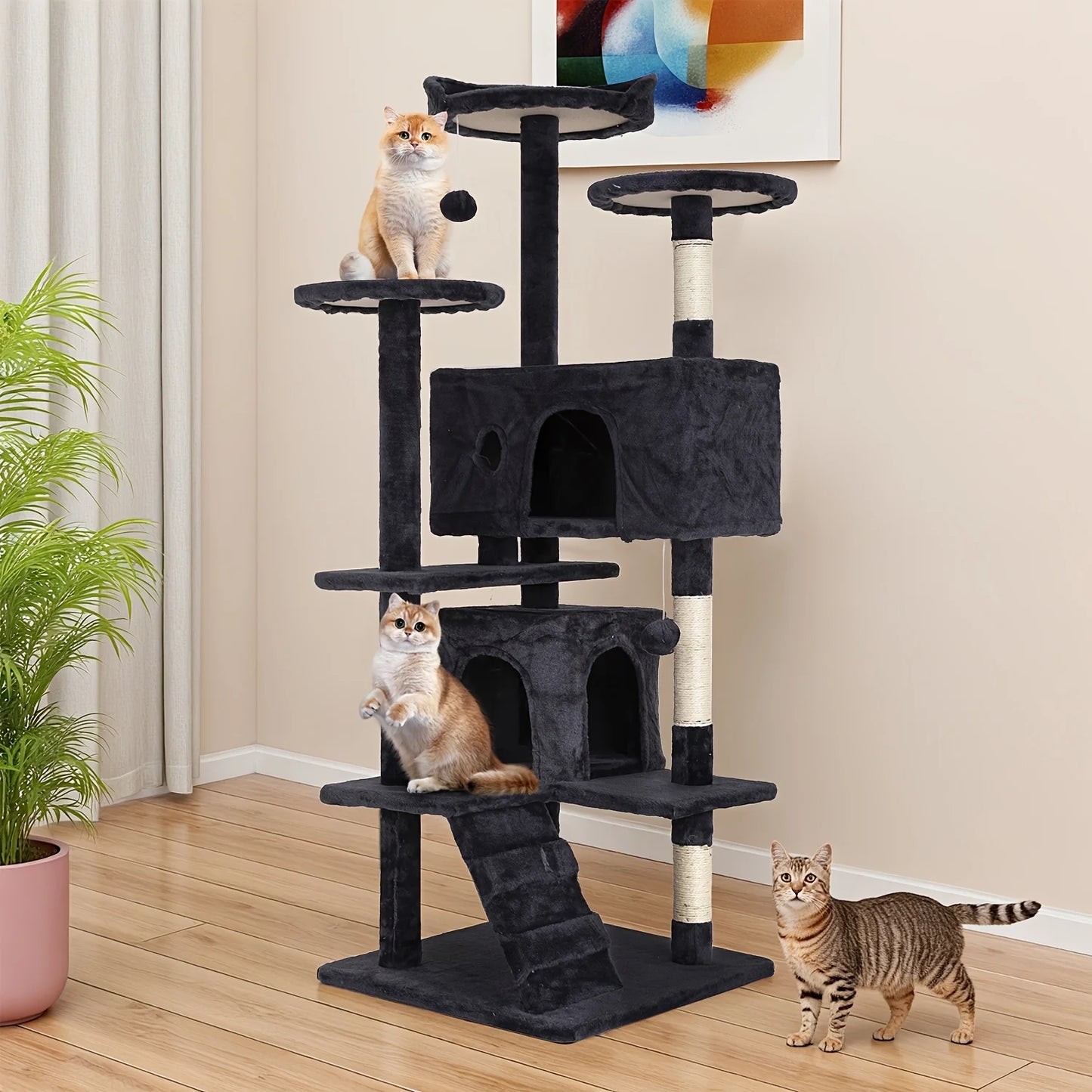 54/70” Cat Tree Tower Condo with Sisal Scratching Posts & Hanging Toy Ball