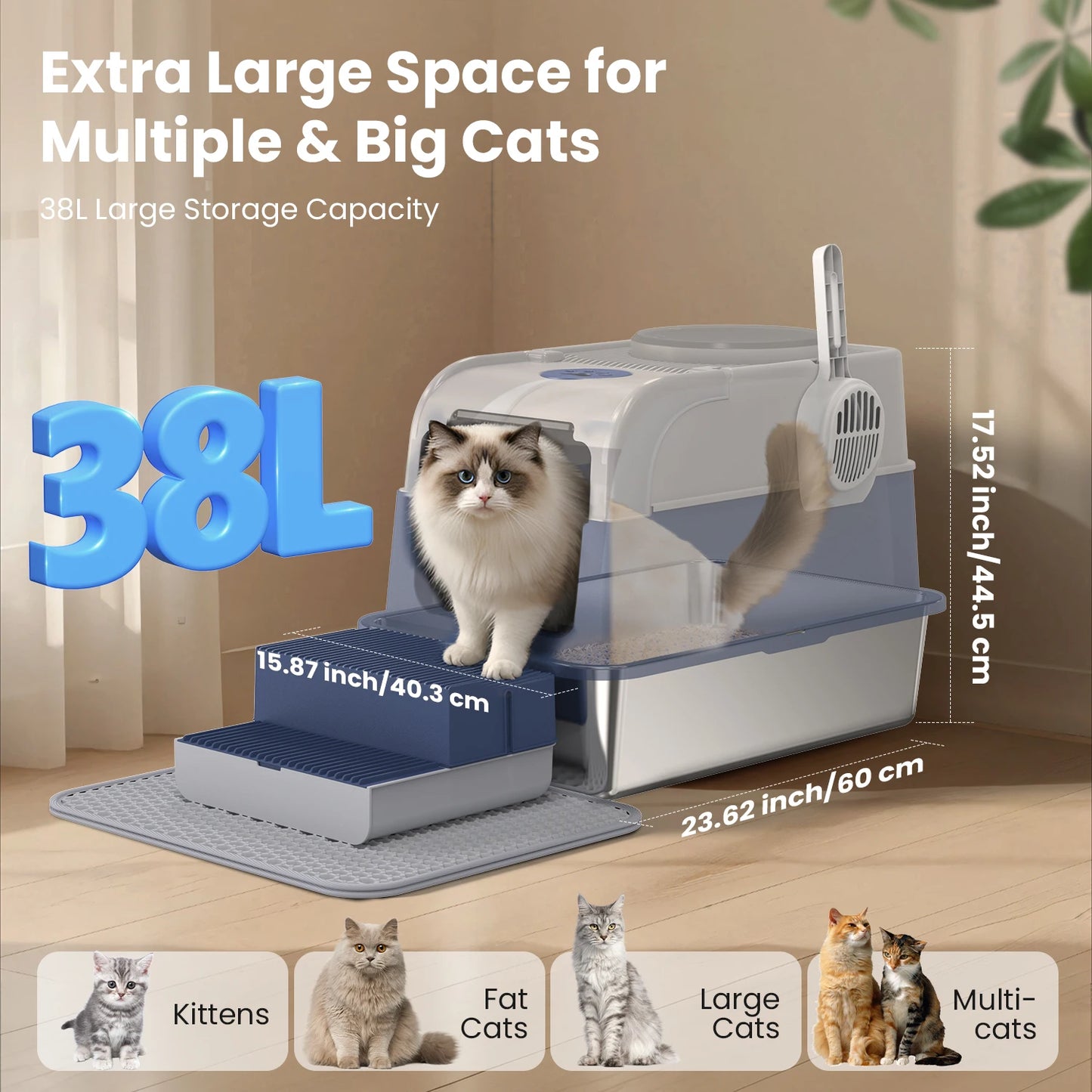 Stainless Steel Cat Litter Box – Non-Stick, Odor Control with Lid & Scoop