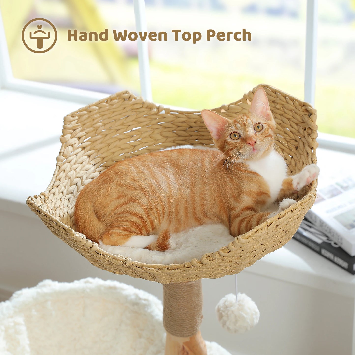 Árbol de lujo para gatos de madera con cesta de mimbre y cómoda hamaca
