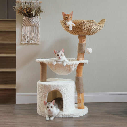 Luxury Wooden Cat Tree with Wicker Basket & Cozy Hammock