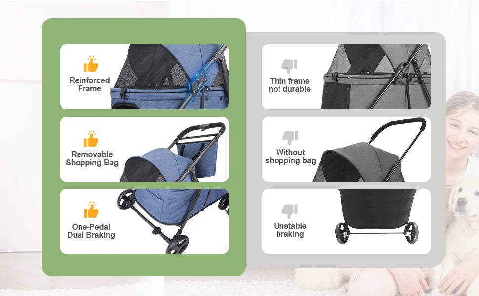Foldable Pet Stroller – 4-Wheel Travel Buggy with Storage Bag for Dogs & Cats