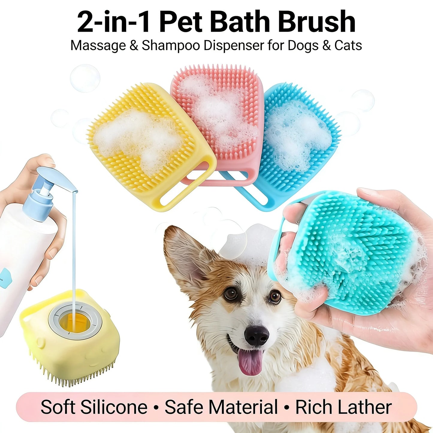 2-in-1 Pet Bath & Massage Brush – Silicone Shampoo Dispenser for Dogs & Cats